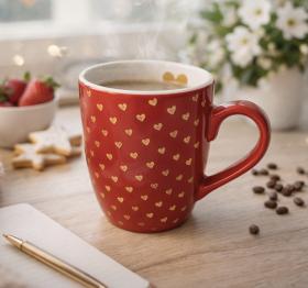 Porslinmugg R&ouml;d med guldhj&auml;rtan