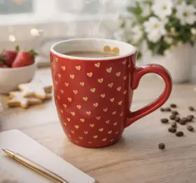 Porslinmugg R&ouml;d med guldhj&auml;rtan