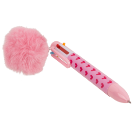 Penna med 6 färger - Rosa pom pom